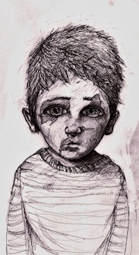 a drawing of a boy with a sad face