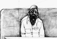 a black and white drawing of a man with his mouth open