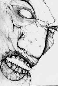 a black and white drawing of a face with teeth