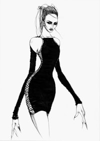 a black and white drawing of a woman in a dress