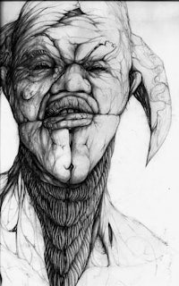 a black and white drawing of an old man with horns
